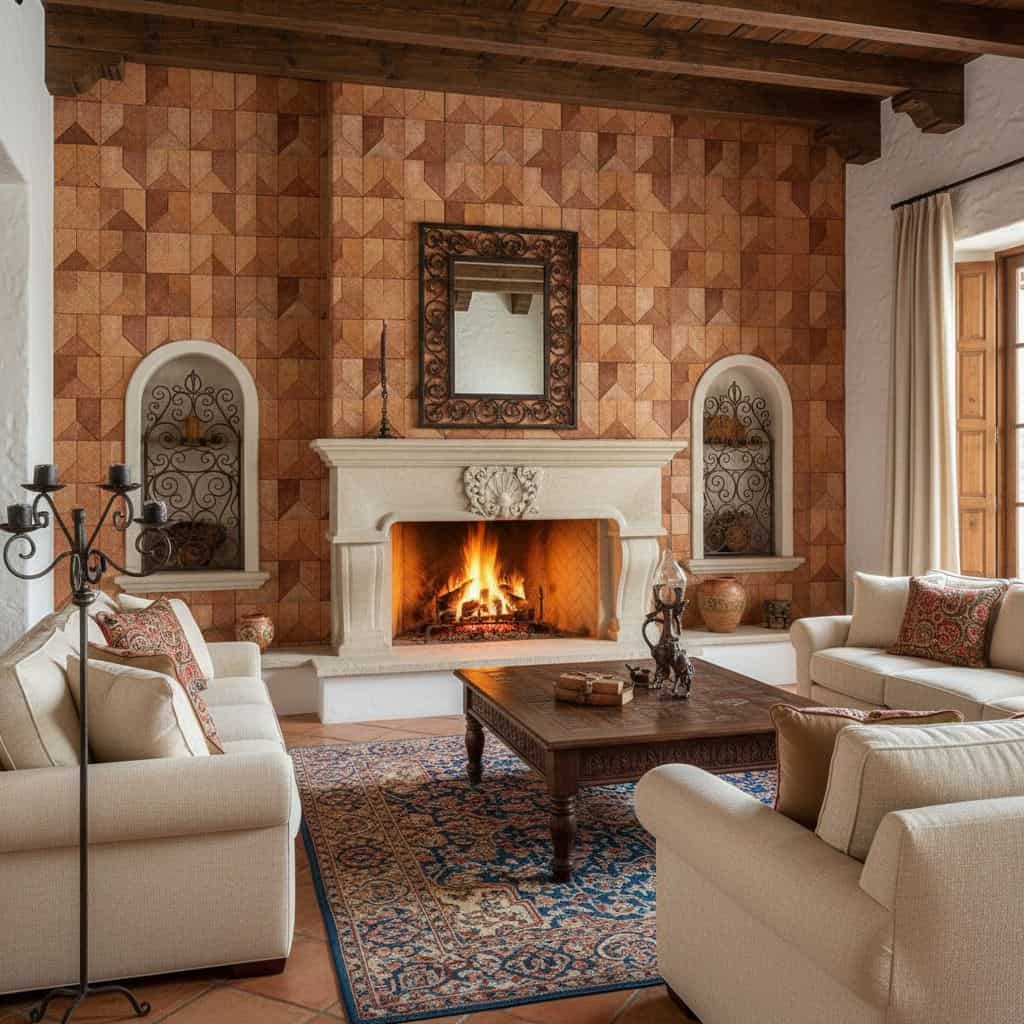 Warm terracotta tile with textured geometric pattern, fireplace with ornate white mantel.