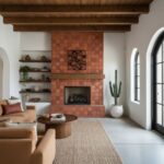 Terracotta tile fireplace with textured surface, warm earthy tones, and a cozy, rustic aesthetic in a bright living room.