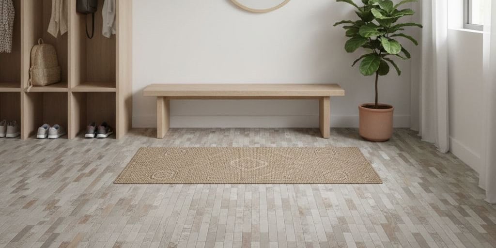 Beige textured tile floor with a matte finish, in a modern interior setting with a plant and bench.
