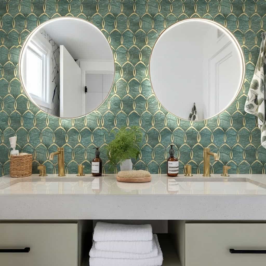 Bright green geometric patterned tile with two round mirrors above a white countertop.