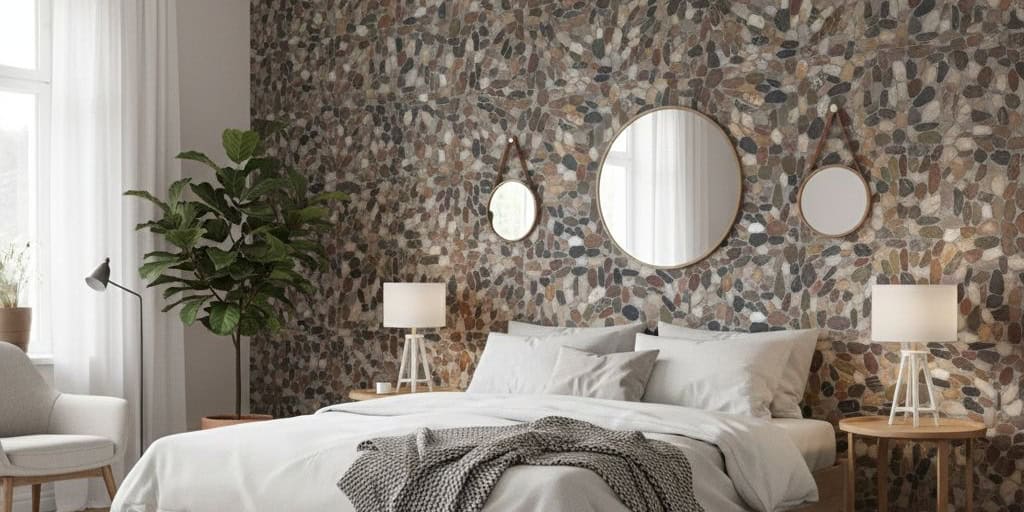 Colorful mosaic tile wall with textured surface behind bed, featuring round mirrors and neutral decor.