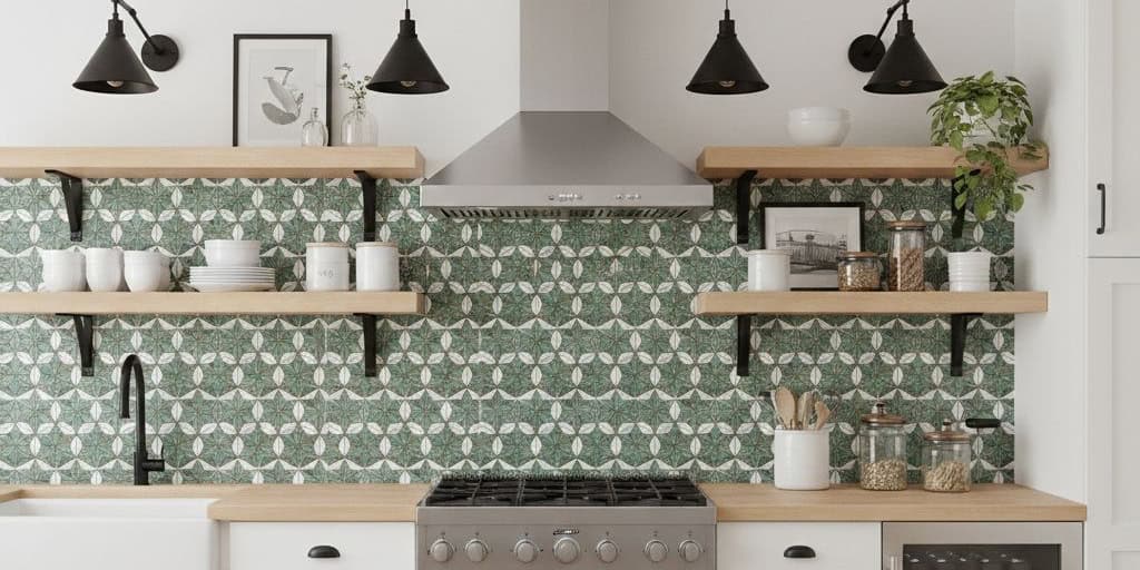 Green geometric patterned tile backsplash with matte finish in a contemporary kitchen.