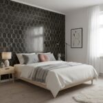 Black and gold geometric patterned wallpaper with a textured finish in a contemporary bedroom.
