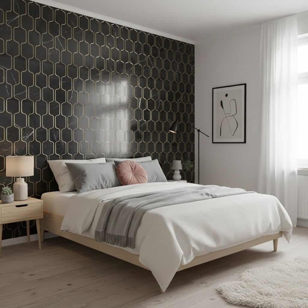 Black and gold geometric patterned wallpaper with a textured finish in a contemporary bedroom.