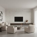 Bright white hexagon tiles with subtle texture on feature wall, creating a clean and contemporary look.