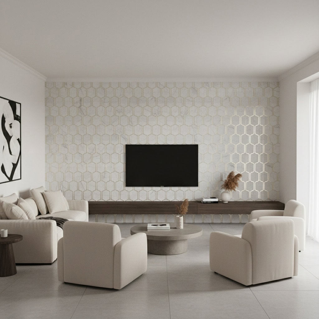 Bright white hexagon tiles with subtle texture on feature wall, creating a clean and contemporary look.