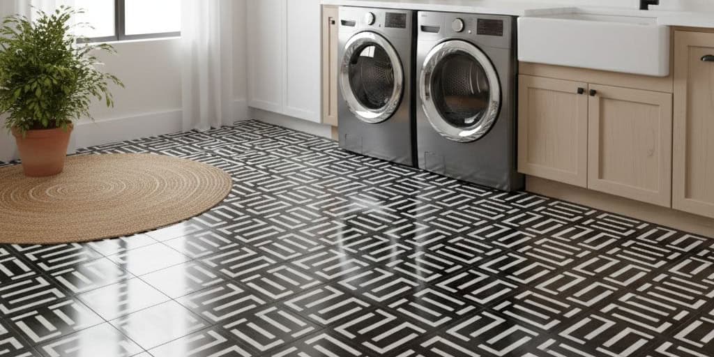 Black and white geometric patterned tile with matte finish, textured surface, in a laundry room setting.