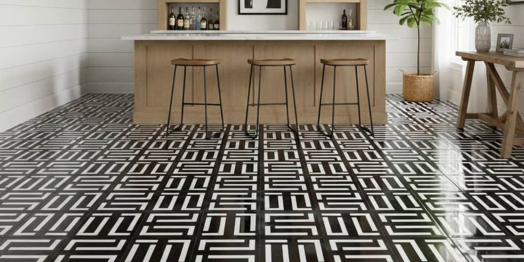 Black and white geometric patterned tile with matte finish and textured surface.