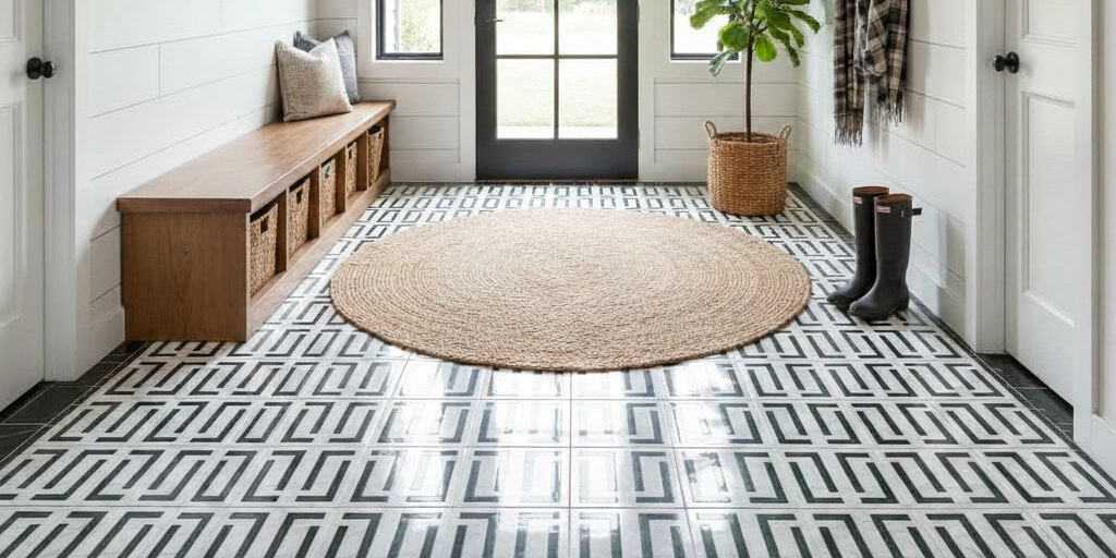 Black and white patterned ceramic tiles with glossy finish and textured surface.