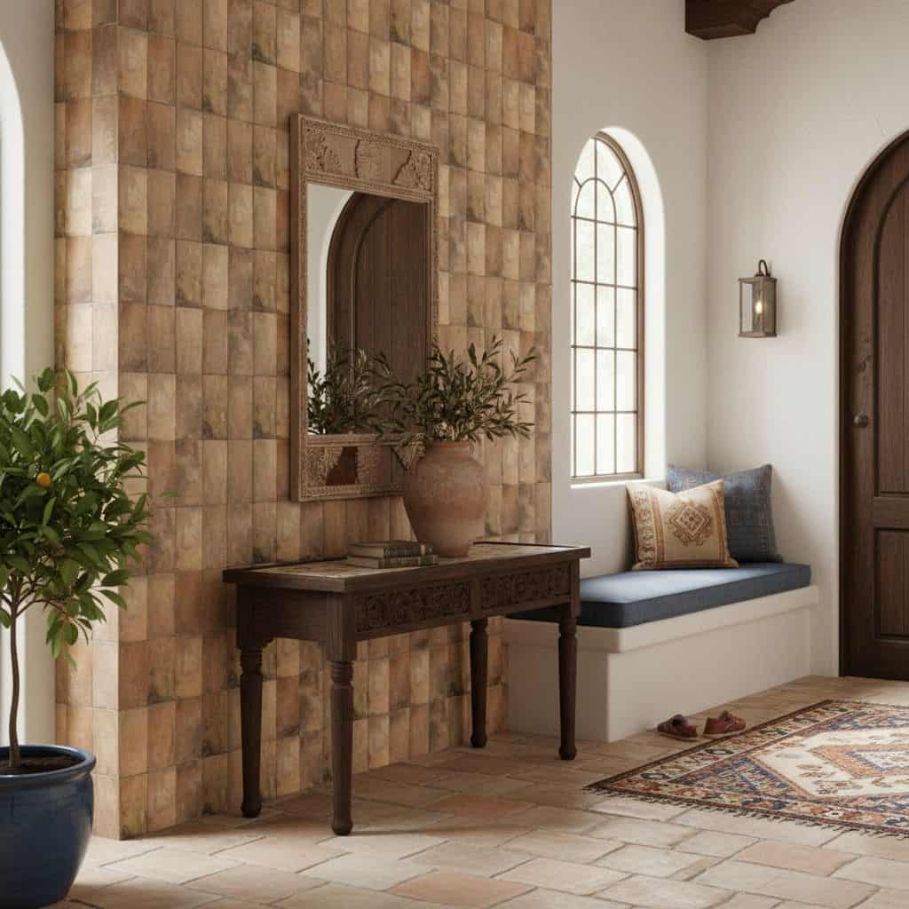 Earth-toned textured tile wall with rustic finish and natural look.