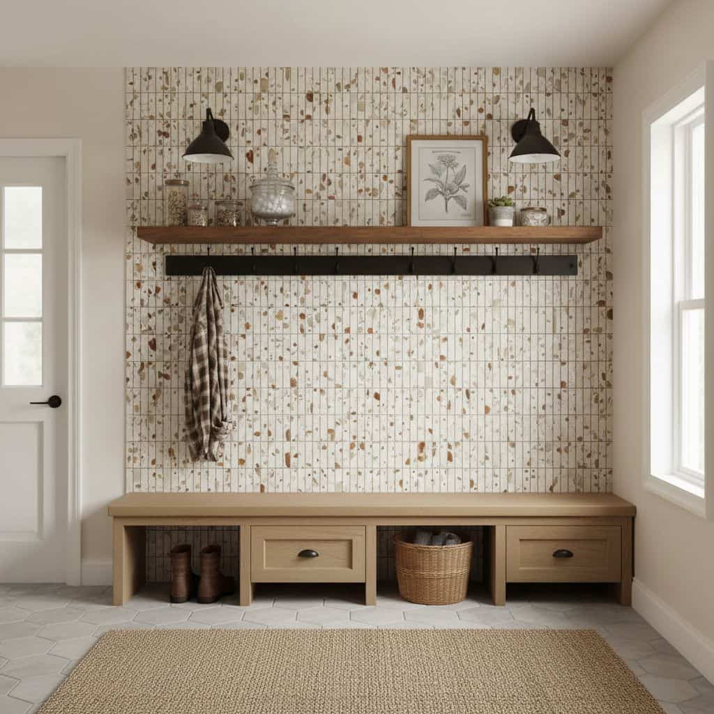 Warm beige and brown mosaic tile wall with textured surface and natural stone look.