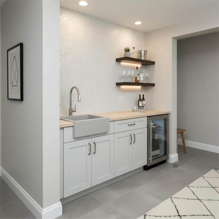 Farmhouse Wet Bar Mother of Pearl Tile Backsplash Design