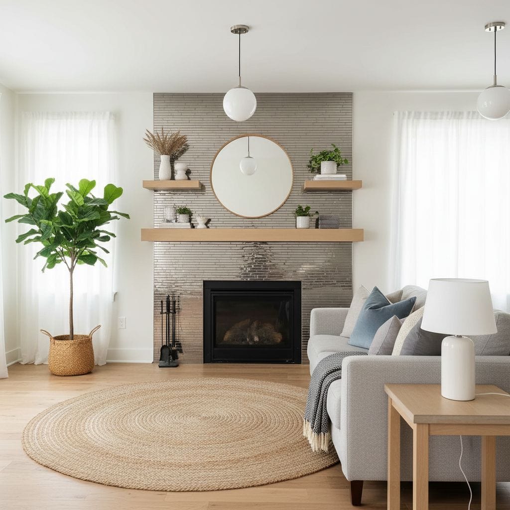 A cozy living room with a textured gray tile wall above the fireplace, decorated with wooden shelves, potted plants, and a ro.