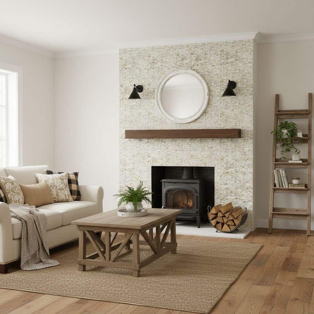 White brick textured tile with a matte finish, used on the fireplace wall for a rustic yet modern look.