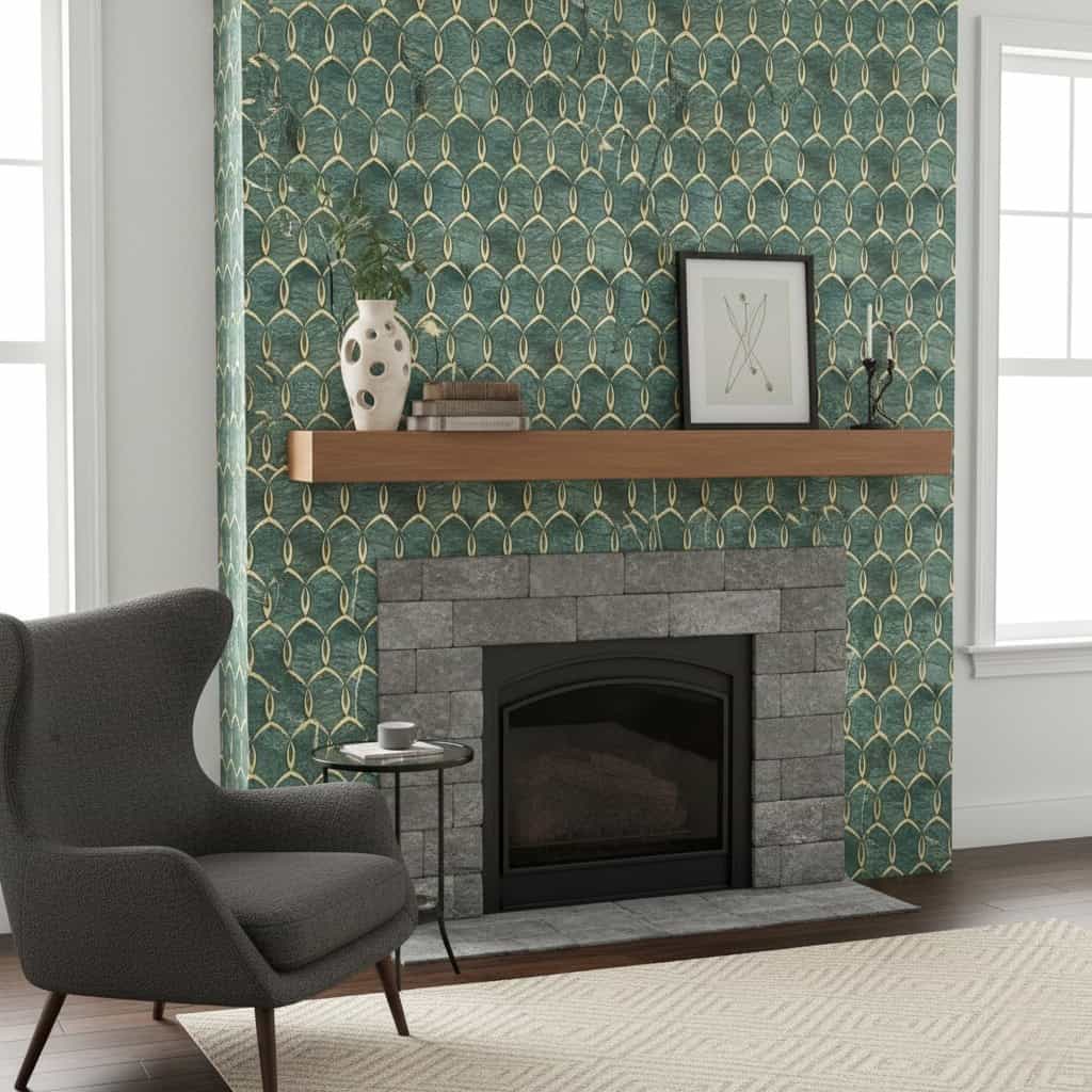 Teal and gold patterned wallpaper with gray stone fireplace and wooden mantel.