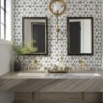 Elegant bathroom wall tiles with black, white, and gray geometric patterns, featuring a matte finish and smooth texture.
