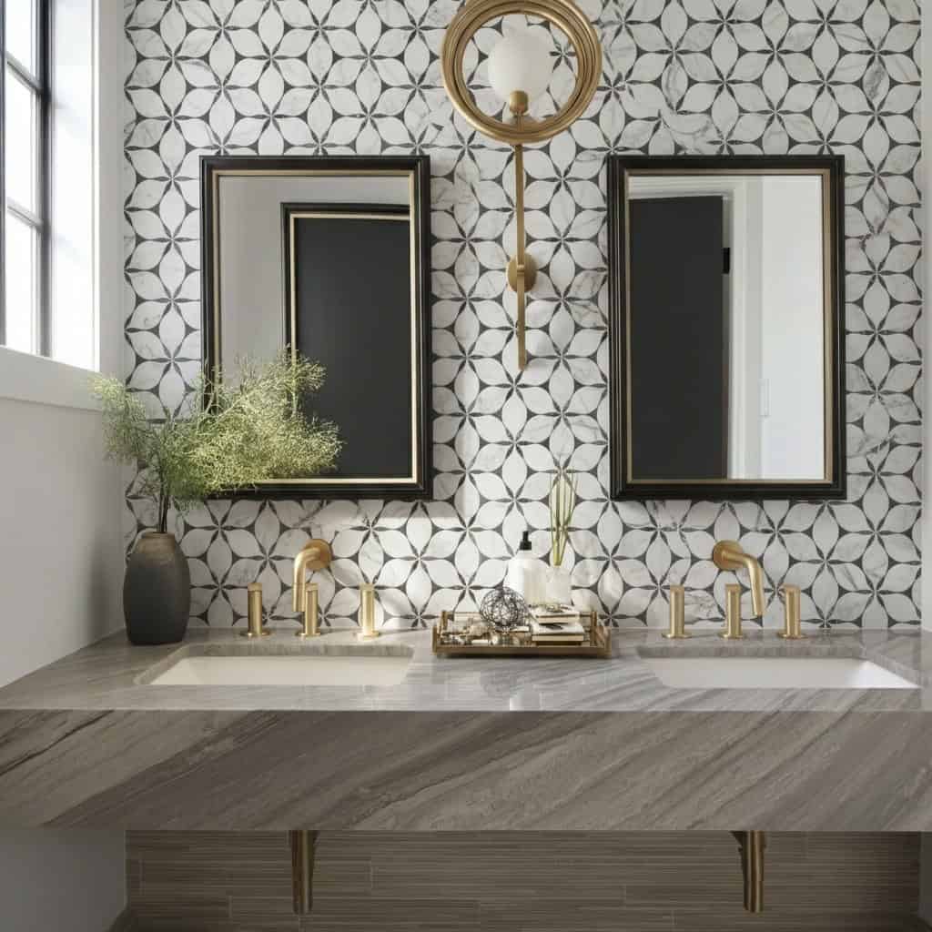 Elegant bathroom wall tiles with black, white, and gray geometric patterns, featuring a matte finish and smooth texture.
