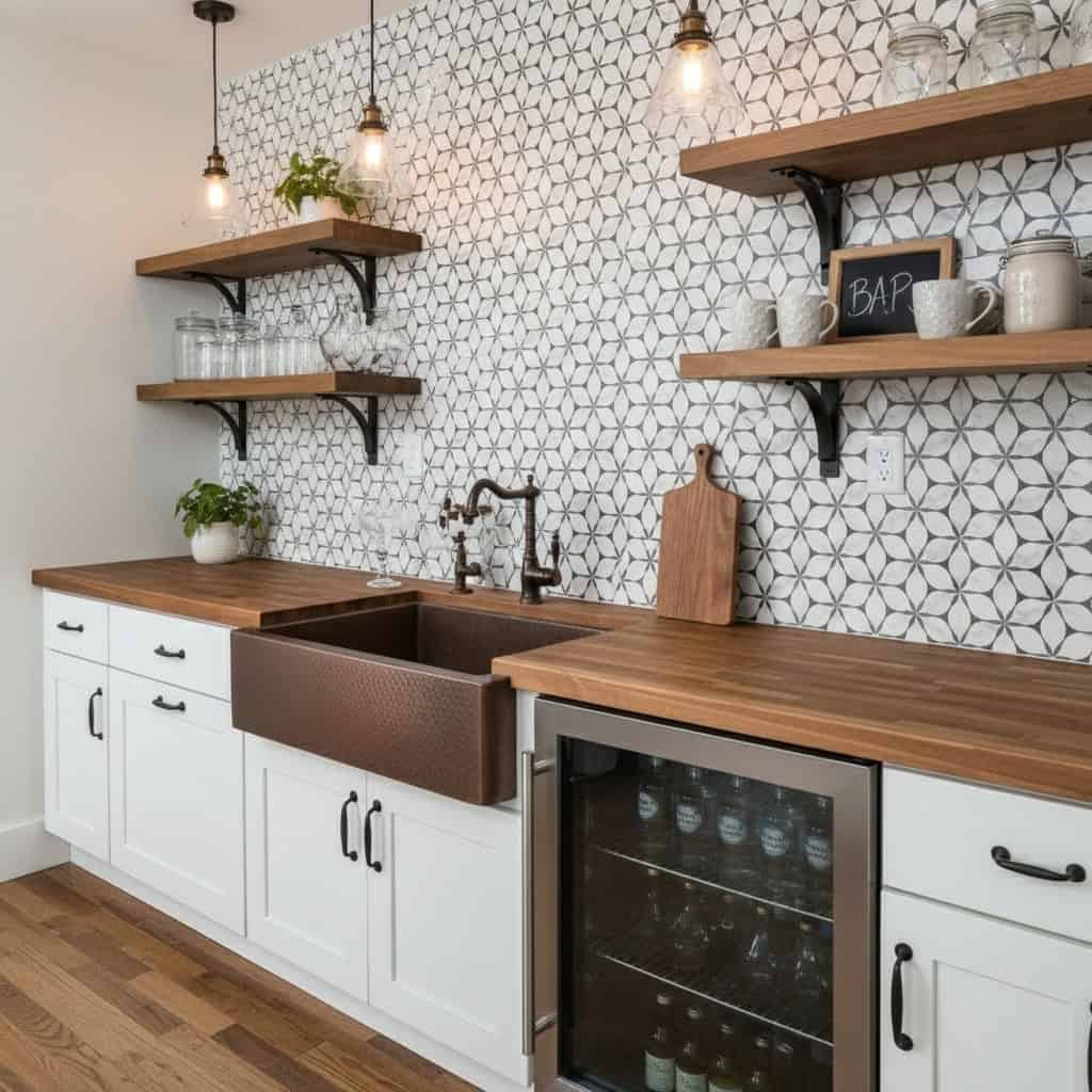 Geometric patterned ceramic tile wall with white and gray tones in a contemporary kitchen.