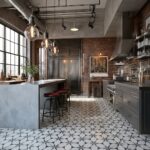 Bright industrial kitchen featuring exposed brick walls, stainless steel appliances, and patterned tile flooring.