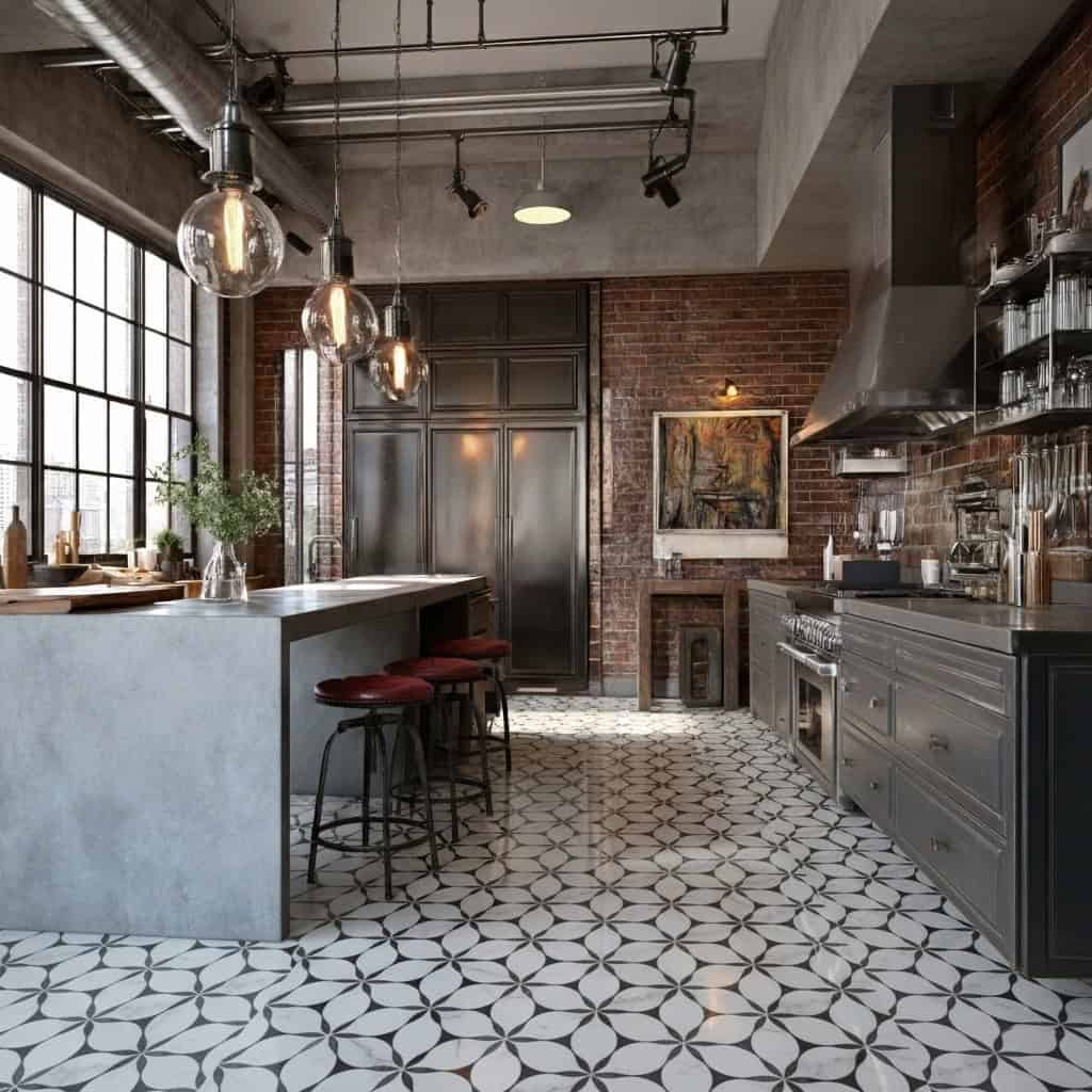 Bright industrial kitchen featuring exposed brick walls, stainless steel appliances, and patterned tile flooring.