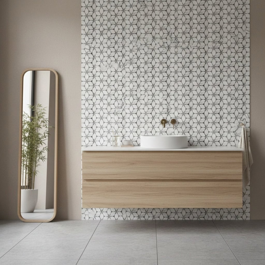 Geometric white tiles with a smooth wooden vanity and a tall mirror.
