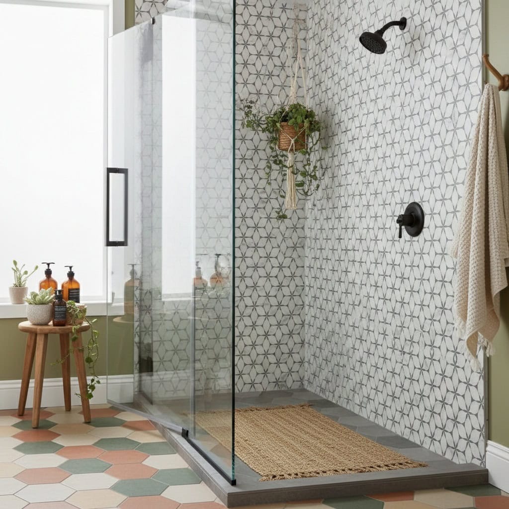 Hexagon patterned tile with black grout.