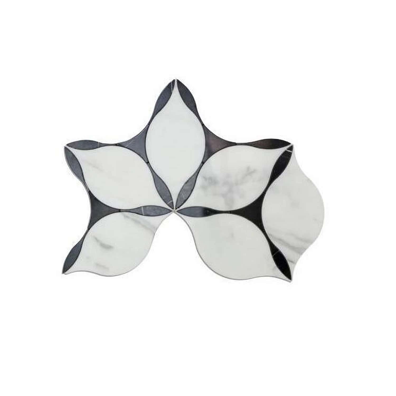 White marble tile with black accents, floral design, smooth texture.