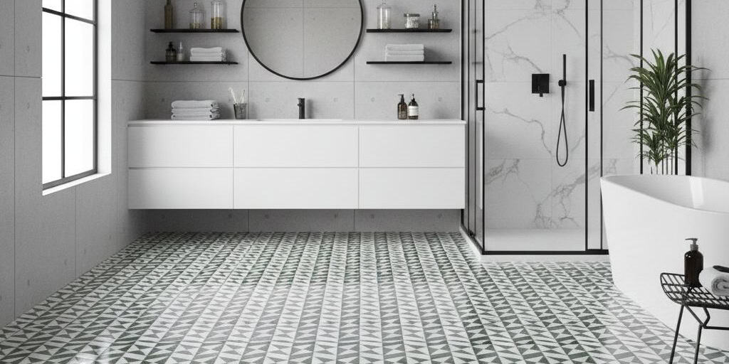 White and gray marble tiles, textured patterned floor, sleek minimalist design.