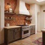 Warm wood textured tile wall with geometric pattern behind stove.