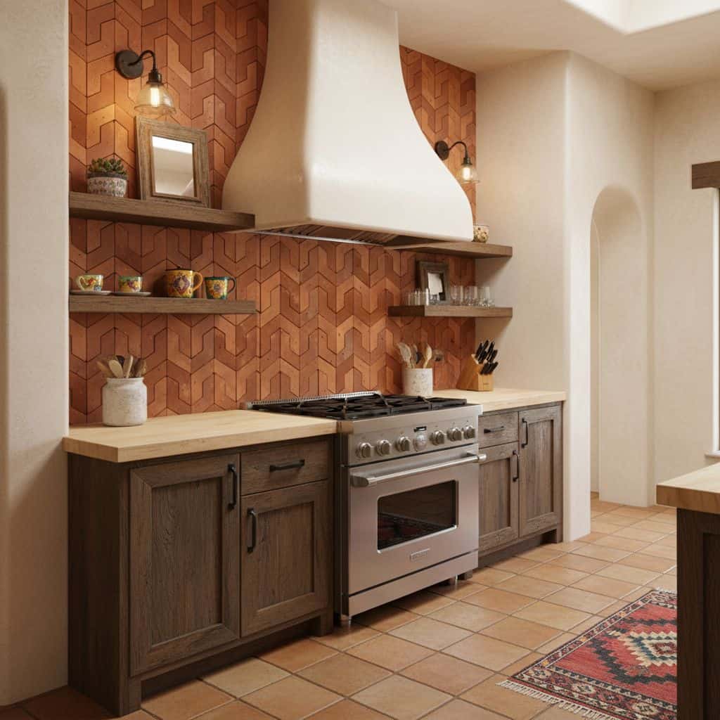 Warm wood textured tile wall with geometric pattern behind stove.