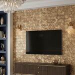 Stone brick wall tile with a textured, rustic appearance in warm beige tones.