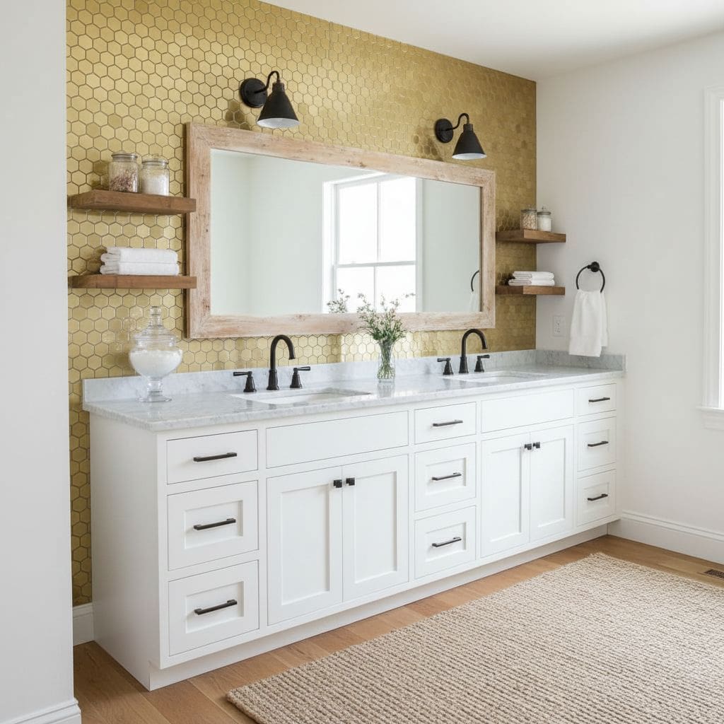 Gold hexagon tile backsplash, smooth white countertop, black fixtures, and wooden accents.