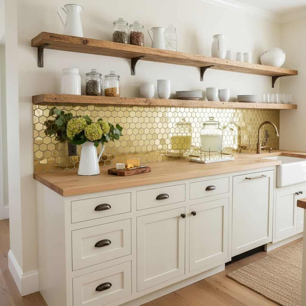 Gold hexagon tile backsplash with a glossy finish and textured surface.