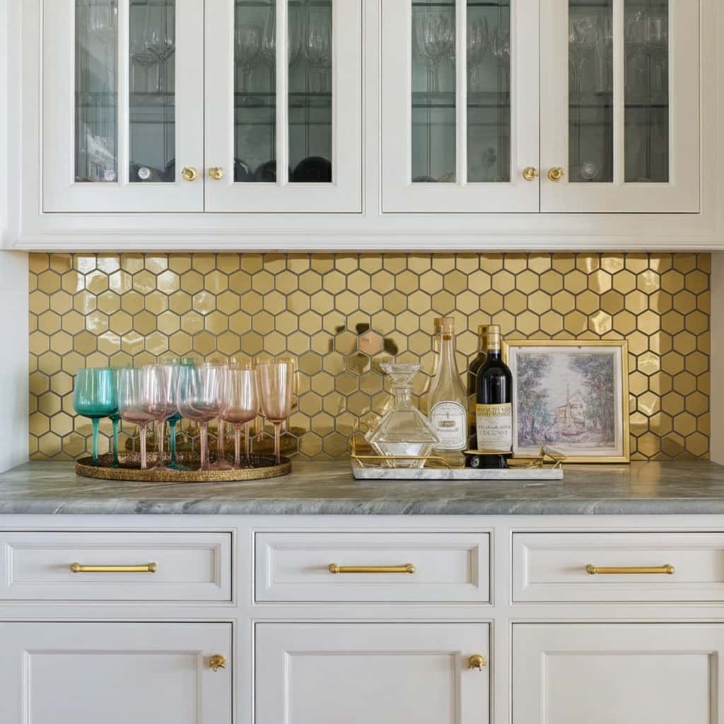 Gold hexagon tile backsplash with glossy finish and textured surface.