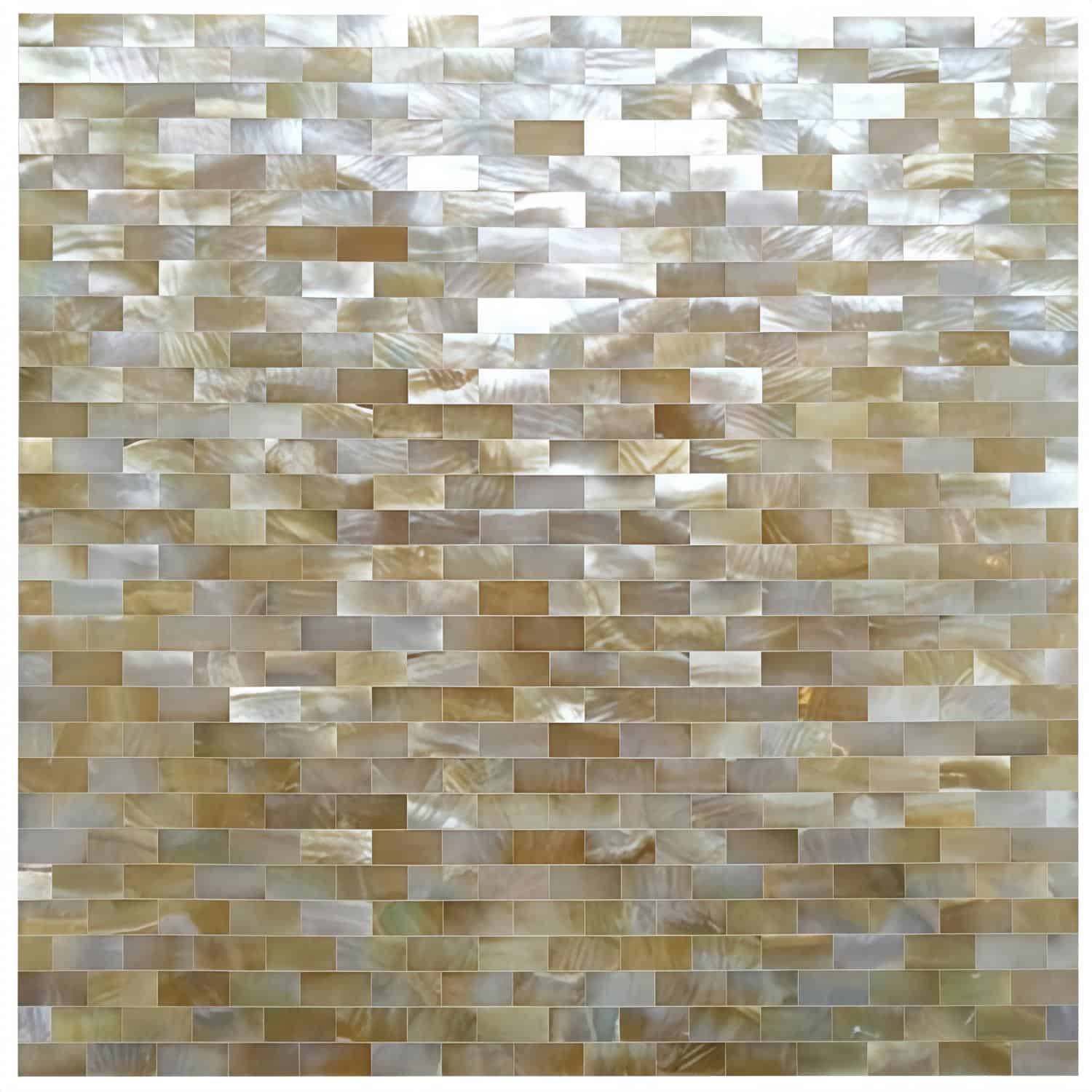 Shimmering mother of pearl tile with iridescent, smooth texture in beige and cream tones.