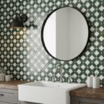 Green geometric patterned ceramic tile wall with matte finish and textured surface.