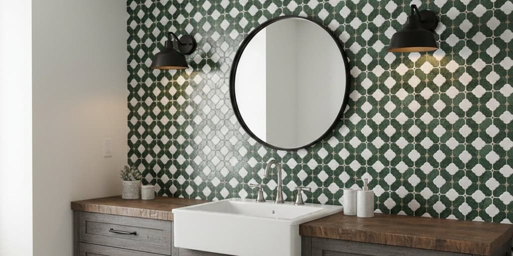 Green geometric patterned ceramic tile wall with matte finish and textured surface.