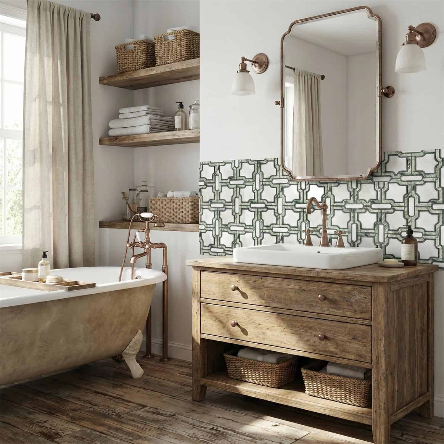 Rustic bathroom with beige bathtub, wooden vanity, and geometric patterned tiles in green and white. Natural light and vintag.