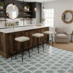 Bright, patterned coastal tile with shades of blue and white, textured surface, in a contemporary living space.