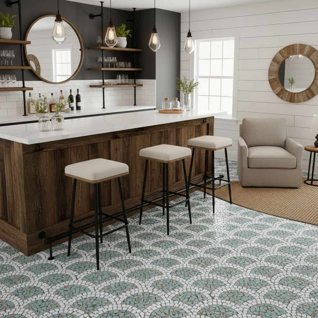 Bright, patterned coastal tile with shades of blue and white, textured surface, in a contemporary living space.