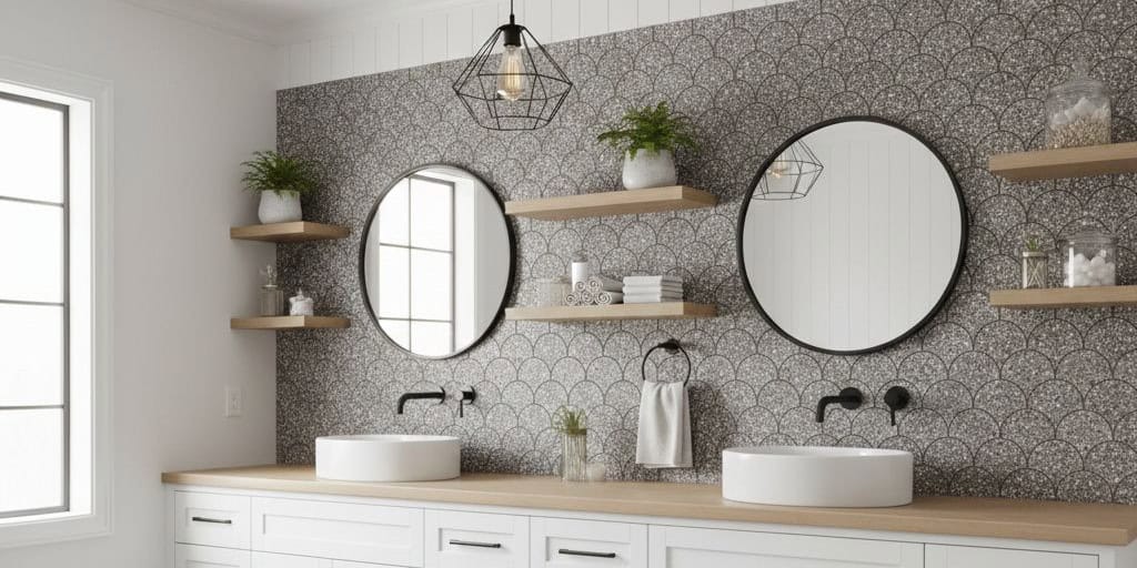Gray and white geometric patterned bathroom tile with a matte finish and textured surface.