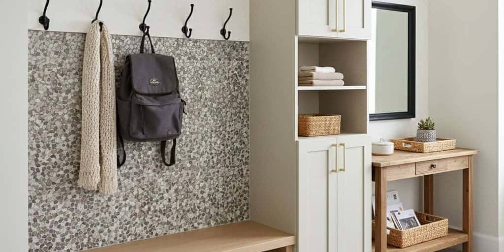 Beige mosaic tile wall with hooks holding bags and scarves, adjacent to a white cabinet and wooden console table with decorat.