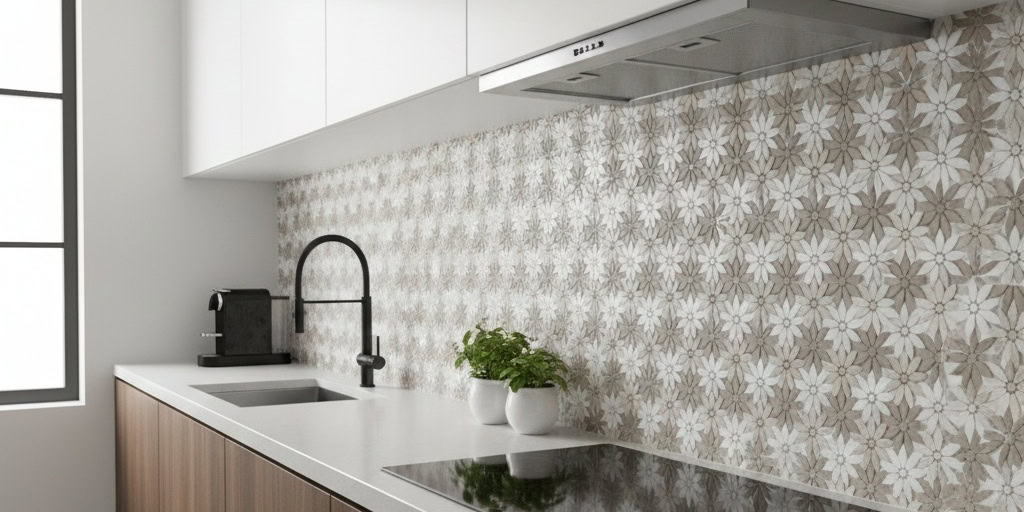 Beige ceramic tile with floral pattern, smooth texture, in a modern kitchen setting.