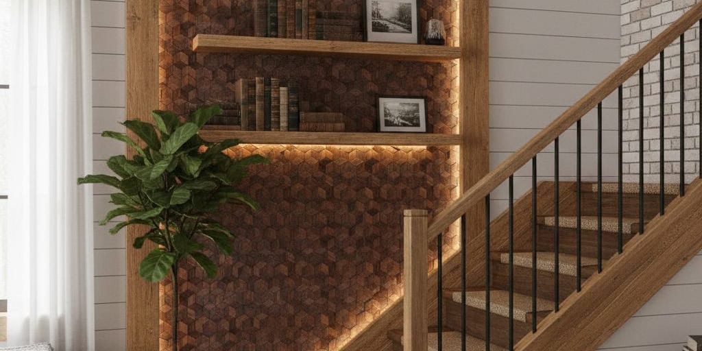 Wooden staircase with black metal railing, warm lighting, and textured wall background.