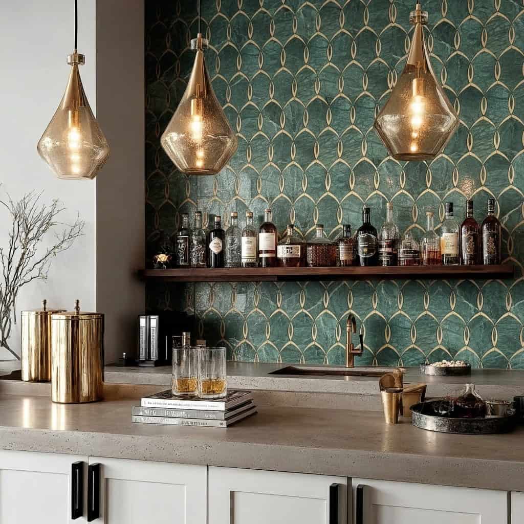 Elegant gold pendant lights with textured finish hanging above a kitchen counter with a dark patterned tile backsplash.