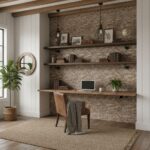 Brick wall with textured beige bricks, wooden shelves, and workspace setup.