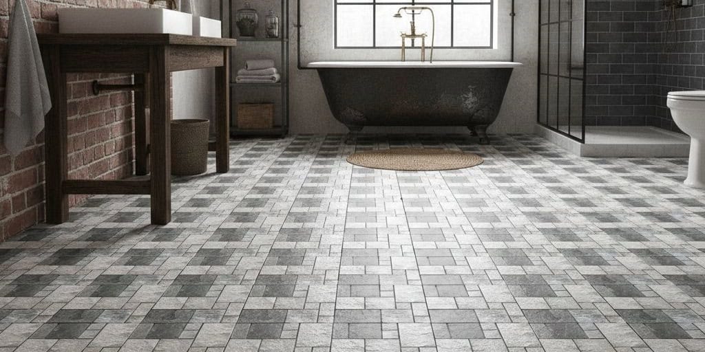 Gray textured stone tiles with a matte finish in a bathroom setting.