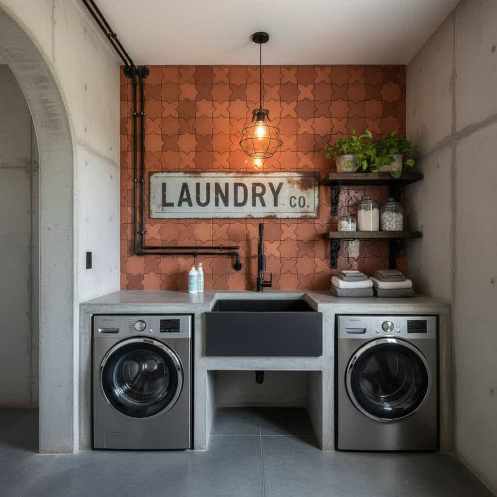 Rustic terracotta patterned tiles in laundry room with black accents and concrete countertops.