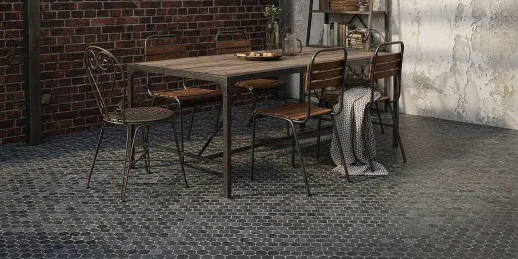 Gray textured concrete tile with a matte finish, suitable for indoor and outdoor dining spaces.