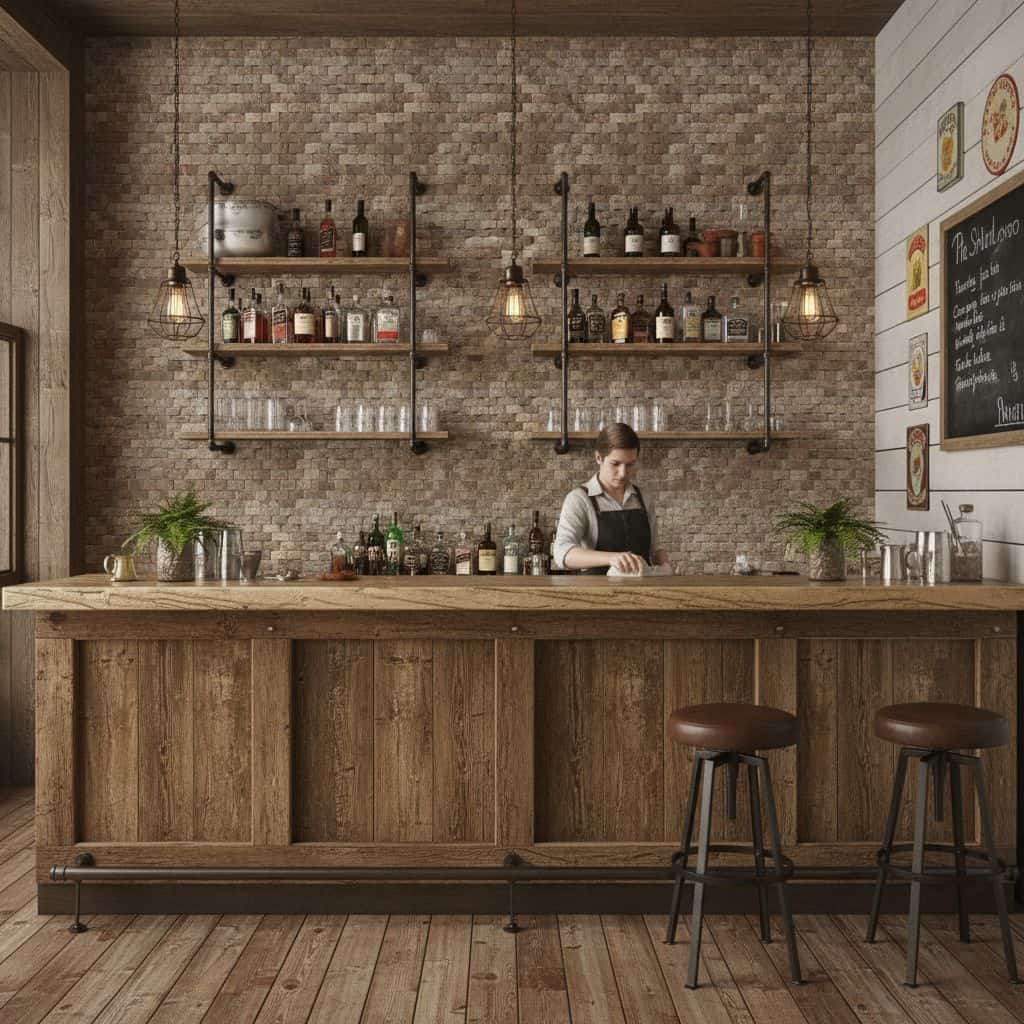 Warm-toned brick wall with textured surface, wooden bar counter, and matching flooring.